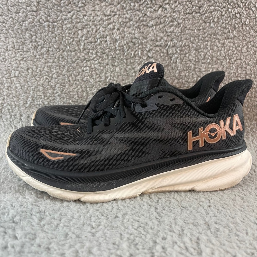 Hoka One Clifton 9 Womens 9.5B Black Rose Gold Running Comfort Walking Shoes